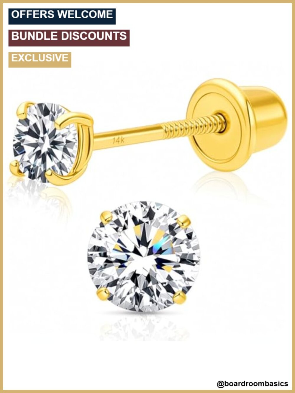 14K Solid Gold Cubic Zirconia Stud Earrings Screw Back Solitaire